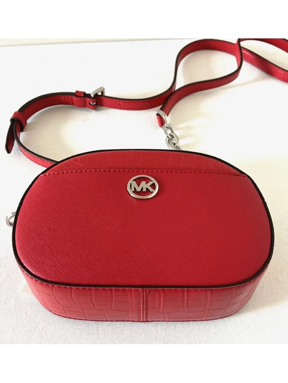 New Michael Kors Jet Set Glam Croc Small Oval Crossbody Bag Bright Red